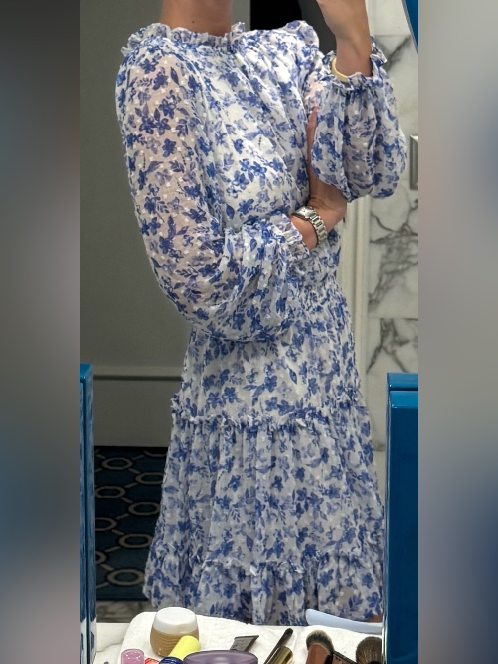 Skies Are Blue White and Blue Floral Long-Sleeve Maxi Dress